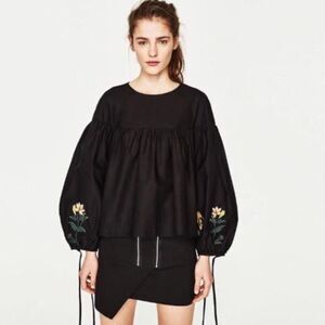 ZARA Trafaluc Black Poplin Embroidered Long Puff Sleeve Boho Blouse